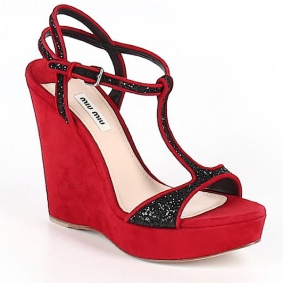 Miu Miu Shoes - Miu Miu Red Suede Platform Wedge Sandals